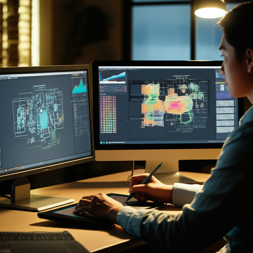 Investigador creando un resumen gráfico usando software de diseño