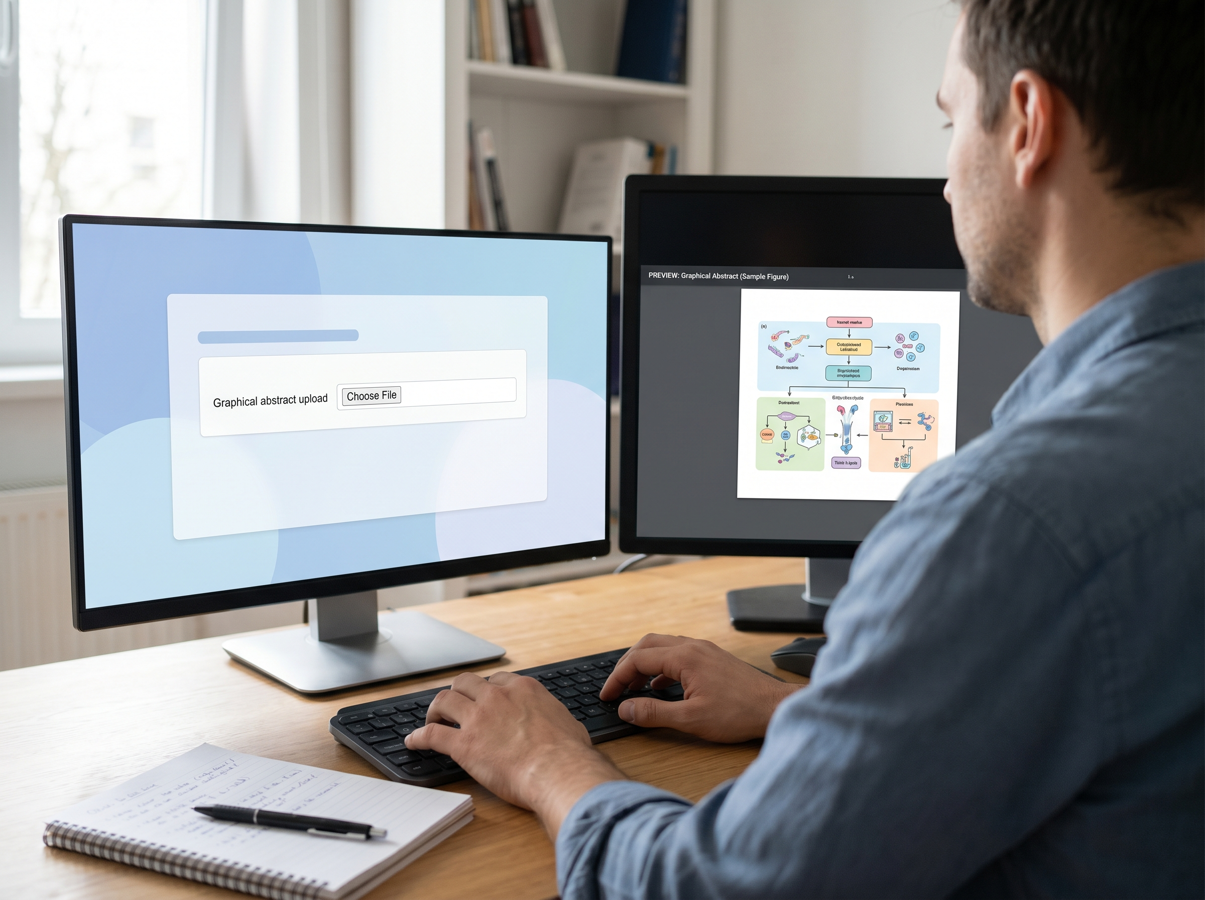 Dual-monitor workspace with one screen showing a submission portal upload field and the other showing a graphical abstract preview