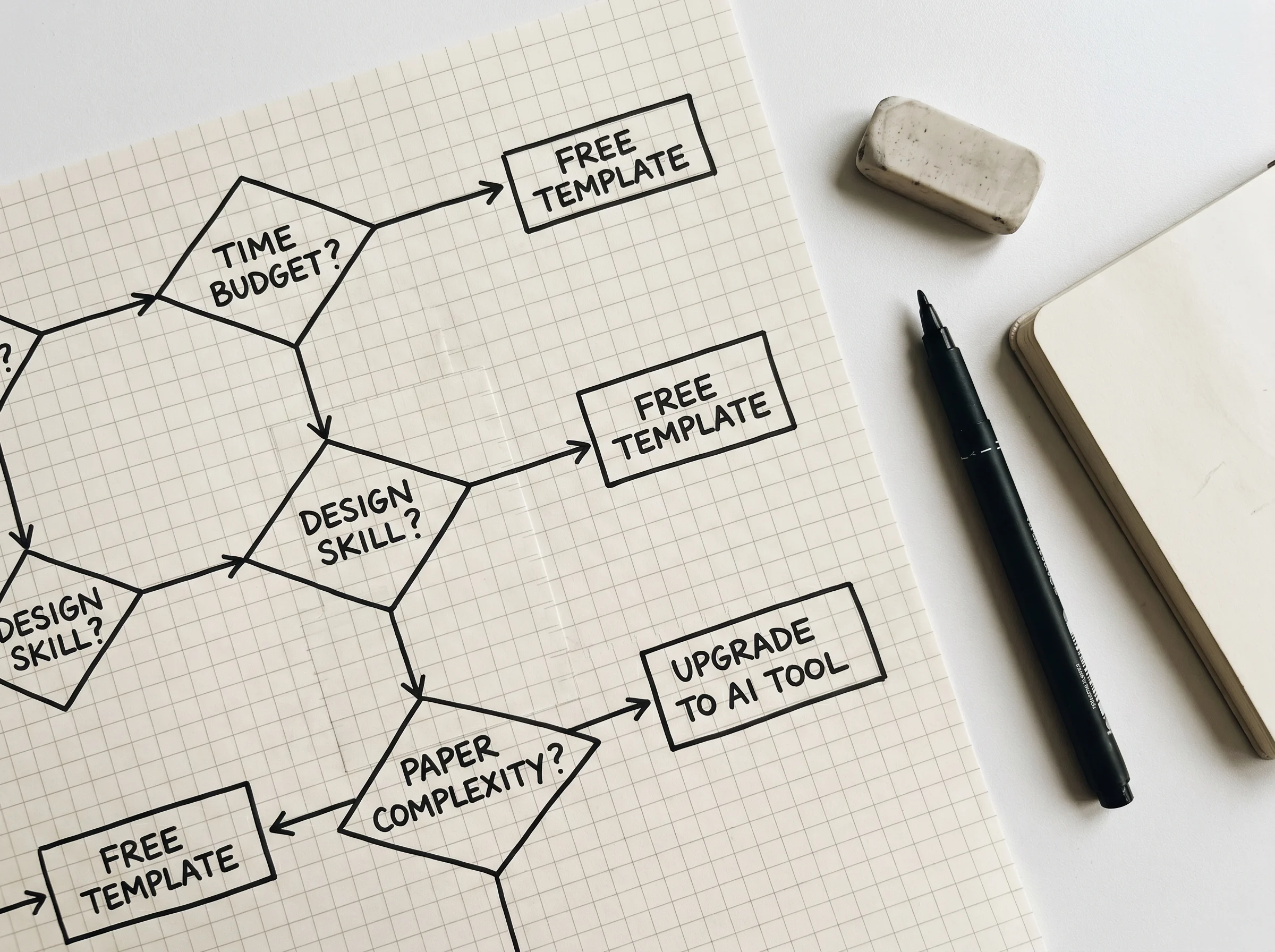 Hand-drawn decision flowchart on graph paper showing branching nodes for choosing between free template and AI tool based on time budget, design skill, and paper complexity