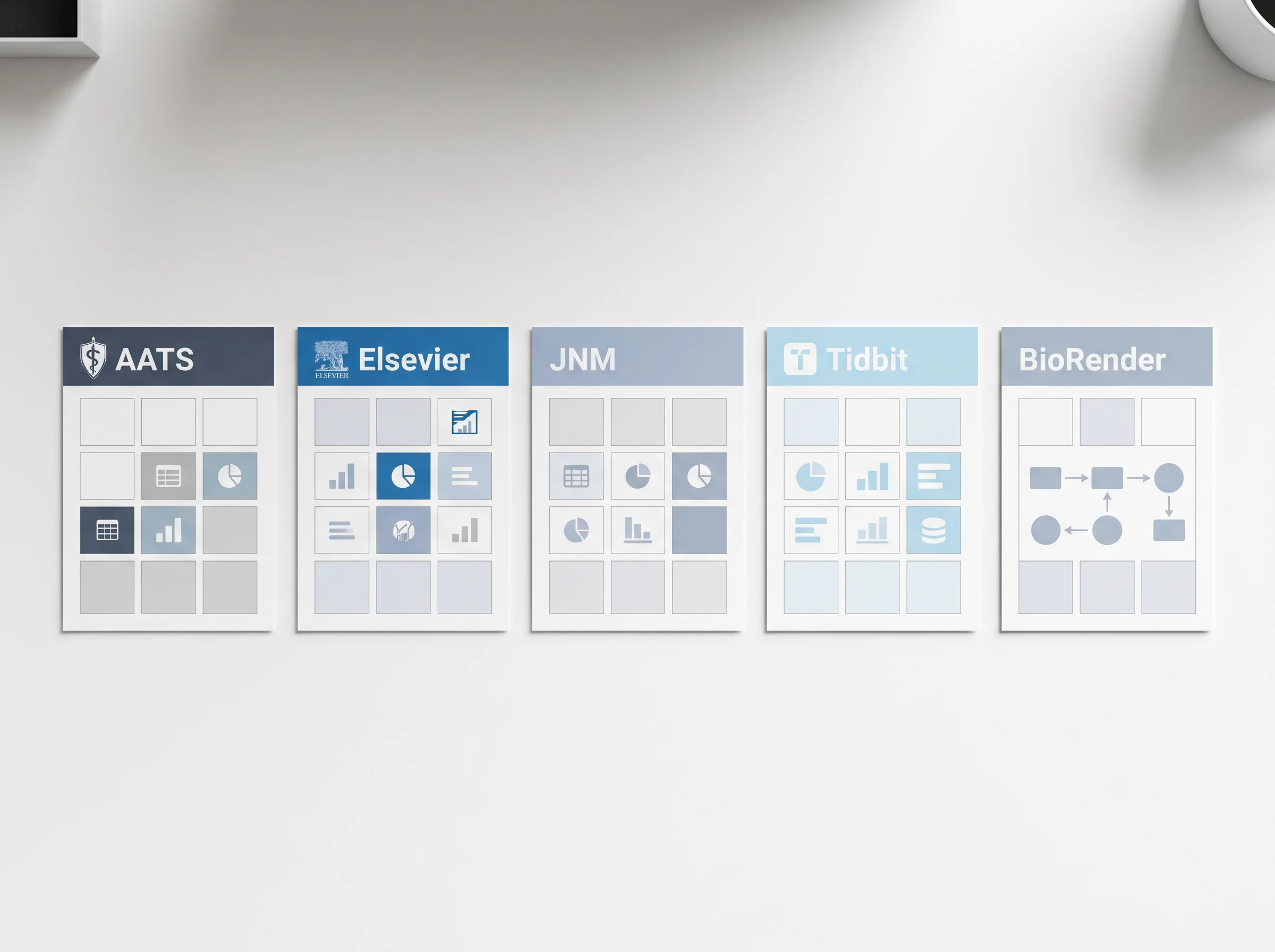 Five graphical abstract template provider sample cards arranged side by side on a desk for comparison