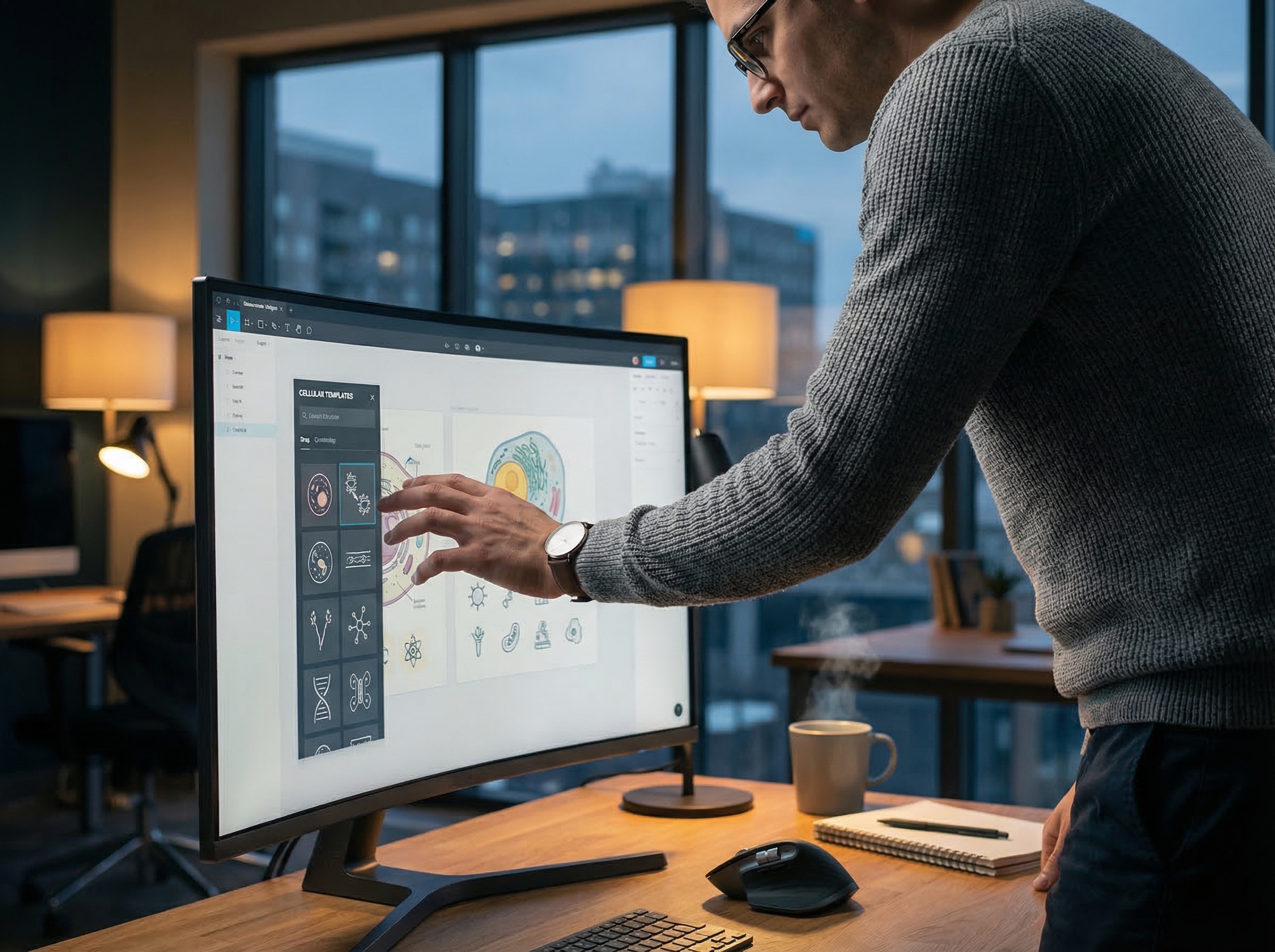 Researcher using a template-based scientific illustration tool with drag-and-drop icons