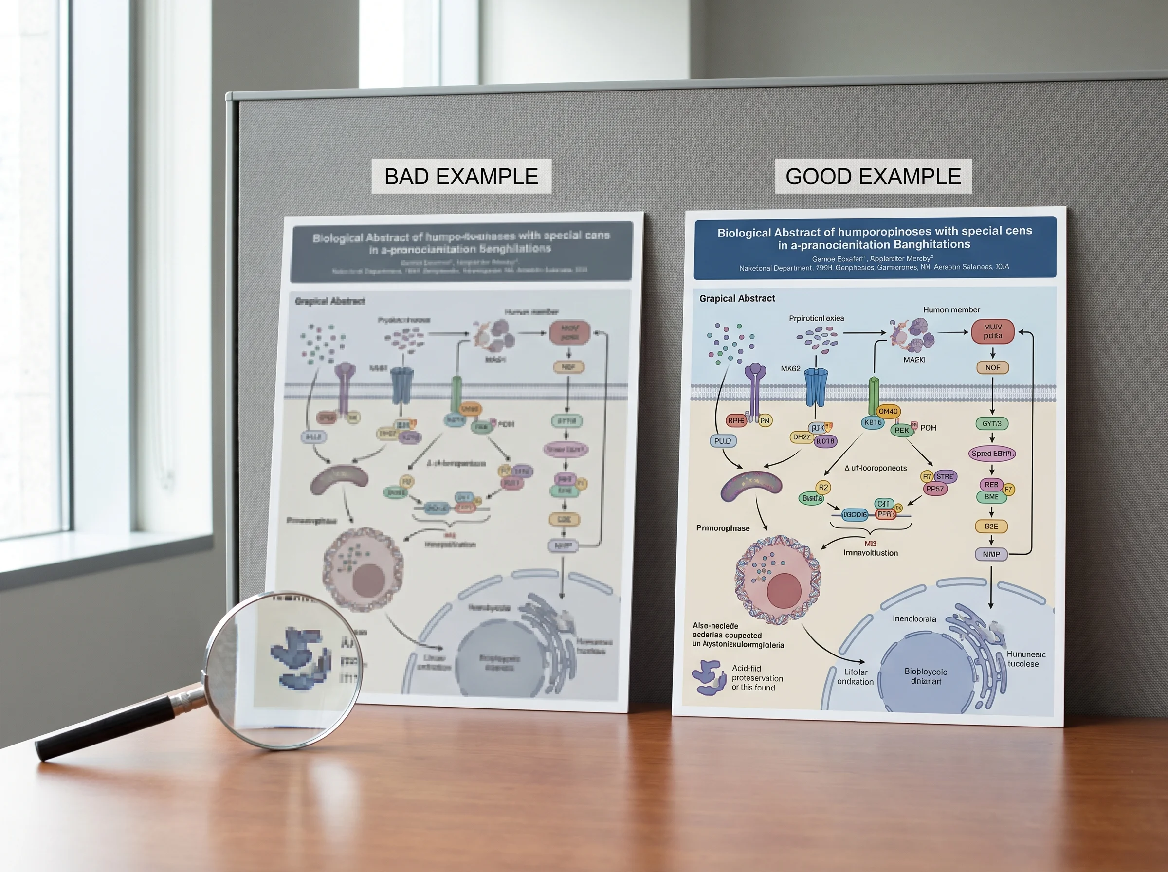 Side-by-side comparison: blurry low-resolution graphical abstract next to crisp high-resolution version with a magnifying glass showing pixelation